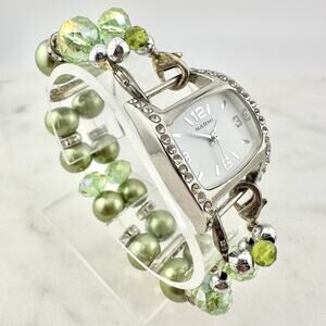 Narmi Chunky Green Crystal Bead Stretch Watch 6.5” Bracelet - Has New Battery